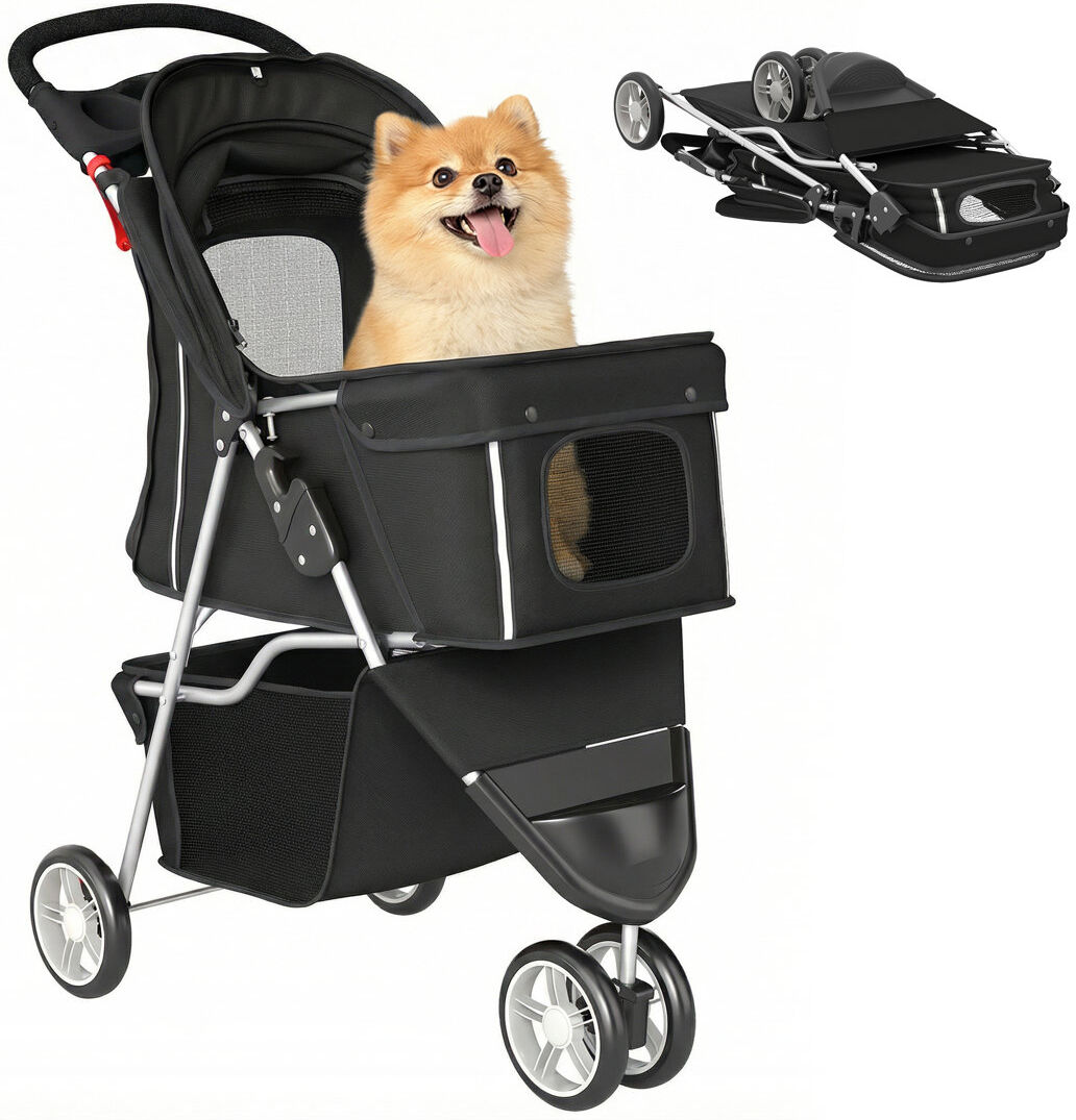 PawHut Pet Stroller Pushchair Carrier for Cat Puppy with 3 Wheels Black 102cm H X 77cm W X 44cm D