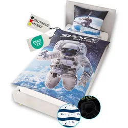 NYVI Renforce Kinderbettwäsche Glow in the Dark aus 100% Baumwolle - Vorderseite leuchtend, mit Wendemuster, Reißverschluss, OEKO-TEX 100 Größe:135x200 cm;Farbe:Astronaut