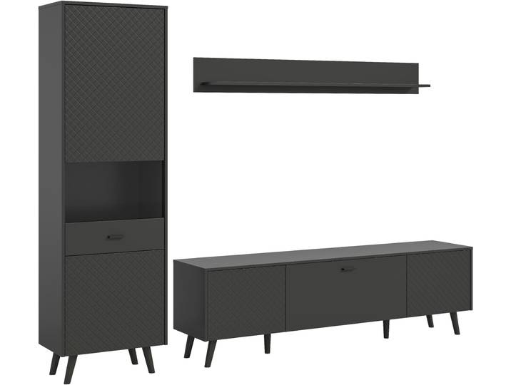 Wohnwand HOME AFFAIRE RHOMBUS, 3-tlg., hochwertige MDF-Front mit Karo-Optik , schwarz (grau), B:258cm H:195cm T:40cm, Kastenmöbel-Sets, Wohnwand, best. aus: Vitrine, Lowboard & Wandboard