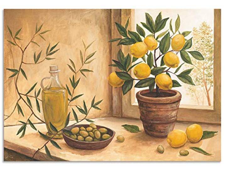ARTLAND Wanddeko Wandbild Alu Verbundplatte für Innen & Outdoor Bild Stillleben Toskana Mediterran Oliven Zitrone Essen Lebensmittel Malerei T4HV