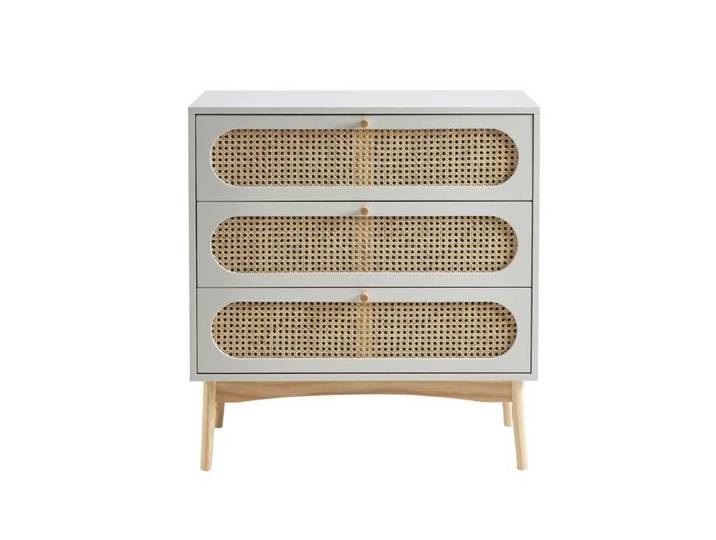 Commode SIXTINE gris perle et cannage rotin 3 tiroirs