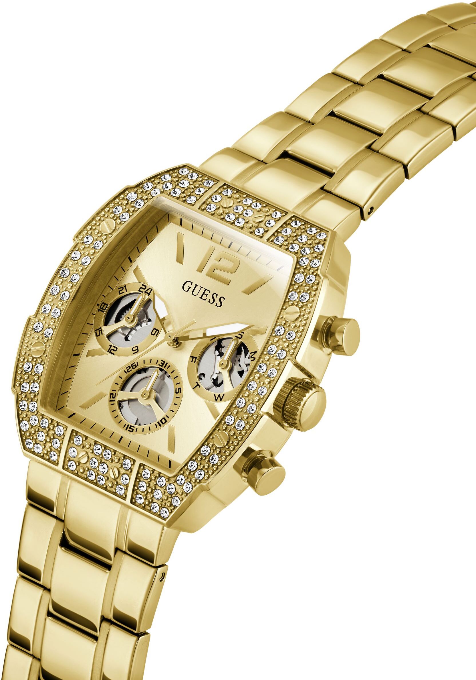 Multifunktionsuhr GUESS "PHOENIX QUANTUM", gold (goldfarben, champagnerfarben), Armbanduhren, Herren, goldfarben, Quarzuhr, Armbanduhr, Herrenuhr, Edelstahlarmband, analog, Wochentag