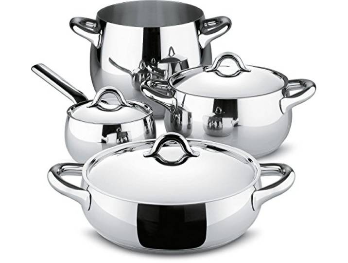 Alessi Mami SG100S7 - Design-Kochtopfset, Edelstahl 18/10, 7-teilig Kochtopfset, entworfen von Stefano Giovannoni, für jede Garmethode und alle Herdarten