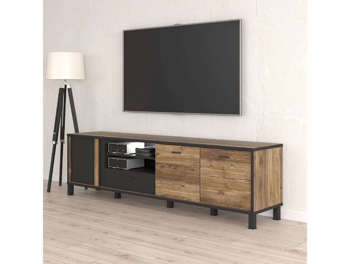 Meuble TV I Panneau aggloméré plaxé Marron/Noir/Imitation épicéa 199 x 56 x 42cm