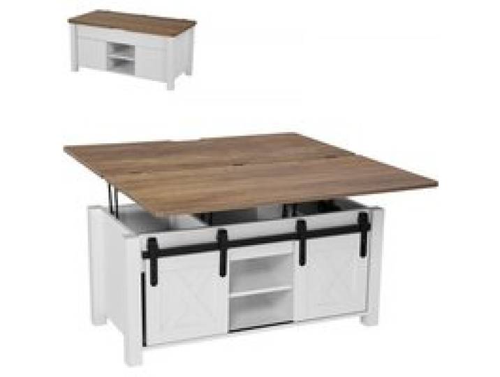 VEVOR Lift Top Couchtisch 100 cm, rustikaler Kaffeetisch mit Scheunentor & verstecktem Staufach, rechteckige Hubtischplatte für Wohnzimmer Büro Zuhause, Wohnzimmertisch Sofatisch Braun + Weiß