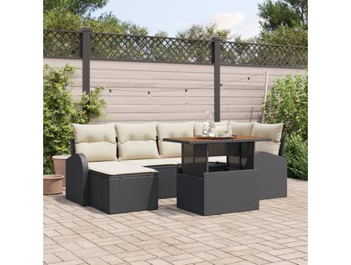 HEFZGDB 7-teiliges Garten-Esszimmer-Set mit Kissen in Schwarz und Creme, Platz für 6 Personen mit wetterfesten Materialien und integriertem Stauraum, perfekt für Terrasse, Flexibles