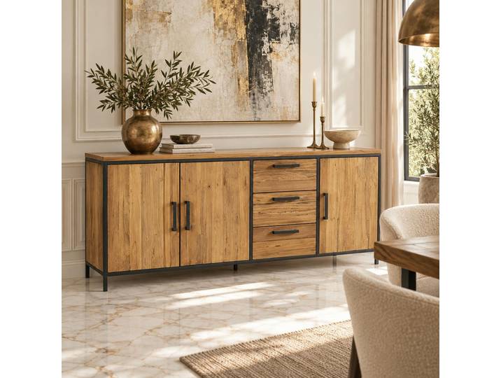 Buffet 3 portes teck poignées métal PUNE