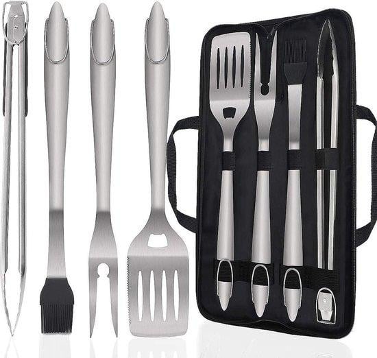 5-delige roestvrijstalen grillset in zilver voor houtskool, gas of elektrisch barbecueën