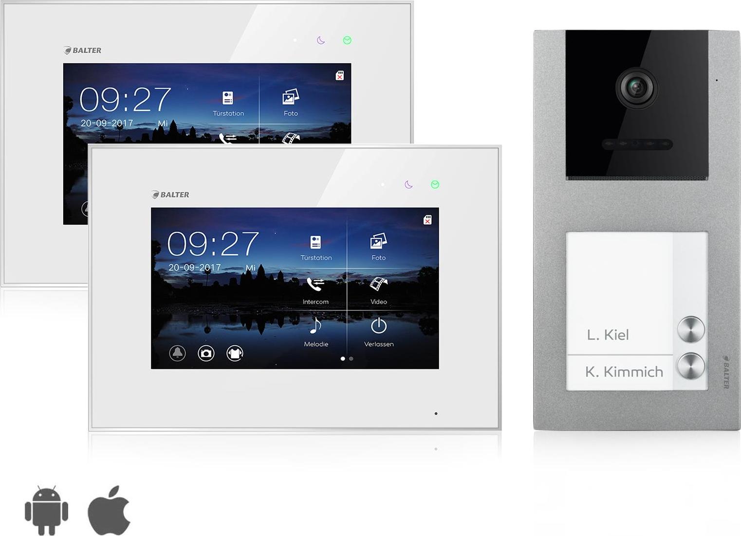 Video Türsprechanlage mit Smartphone App für 2 Familienhaus, Aufputz, 2x Monitore, Balter EVO WLAN