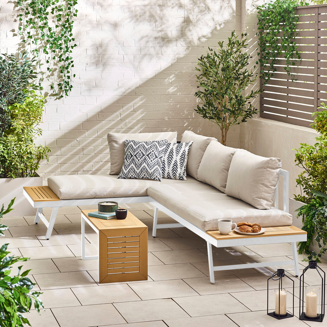 August Grove River 2 Seater Garden Sofa Modular Chaise with Coffee Table - Luxury Patio Day Bed (Cover Included) White 2