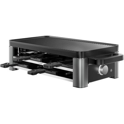 WMF Raclette "Master, indirekte LED-Beleuchtung, Keramikbeschichtung", schwarz (schwarz, edelstahl), B:44cm H:13,2cm T:24cm, Raclettes, Variable Temperatur, spülmaschinengeeignete Pfännchen und Spatel