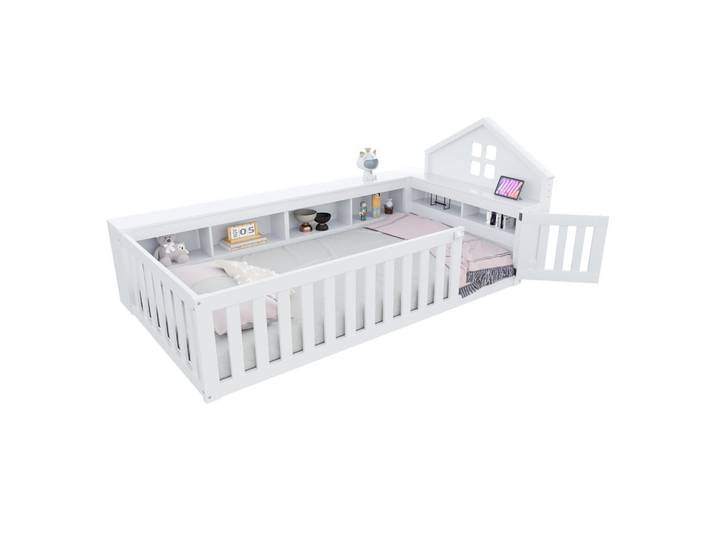 Flieks Kinderbett 90x200 Massivholz Dachleiste Fenster Staufach Weiß, 90x200 cm, Babymöbel & Kindermöbel, Kinderzimmer & Jugendzimmer, Kinderbetten