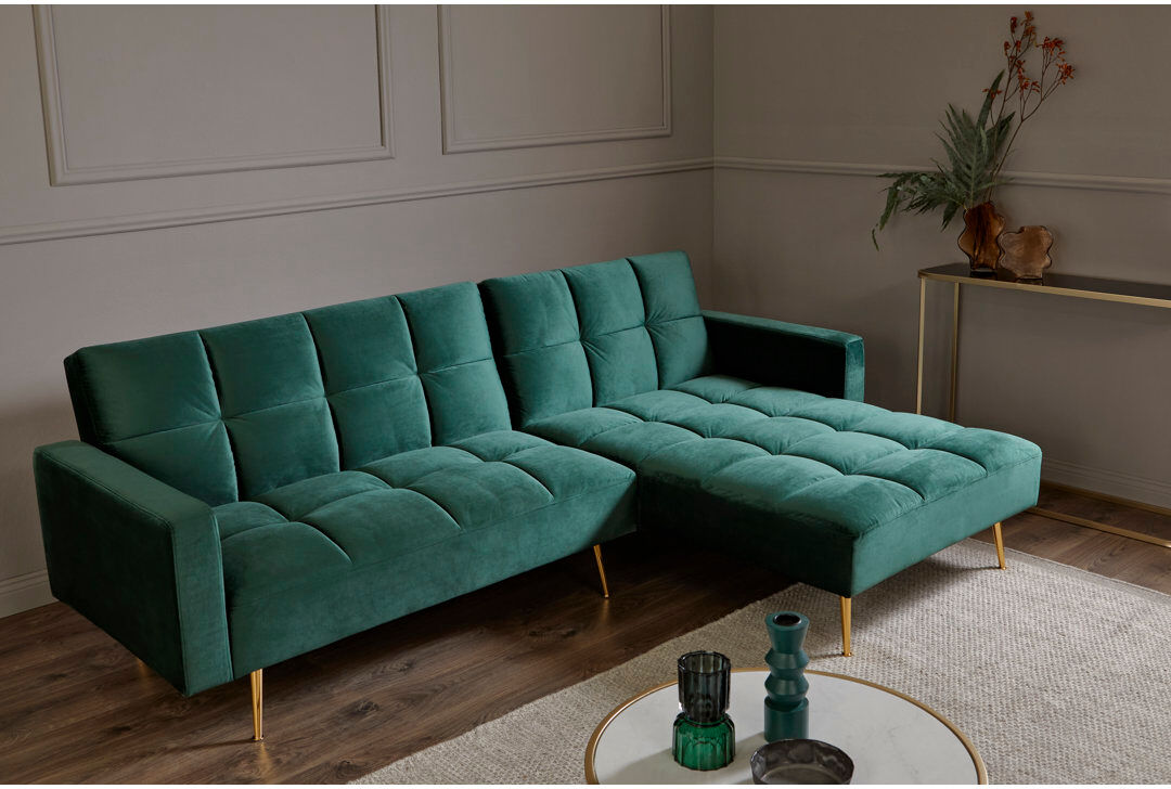 Mercury Shiflet Upholstered Corner Sofa Opal Green Velvet 85cm H X 244cm W X 150cm D