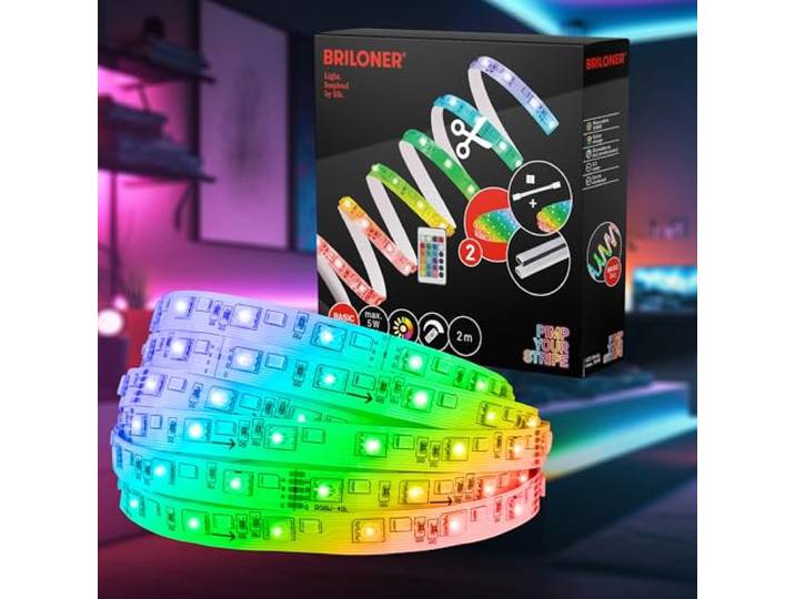 BRILONER - Pimp your Stripe Starter Set Bande LED de 2 m\, commande vocale via l'application\, câble de 3 m\, couleur RGBW\, raccourcissable\, auto-adhésif\, bande LED\, LED de jeu\, rétroéclairage TV LED