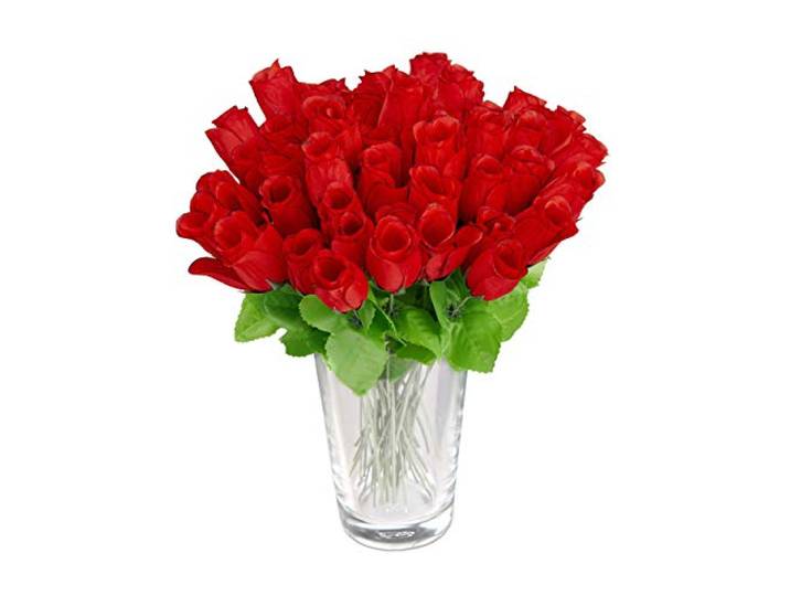 Relaxdays Bouquet de Roses\, Fleurs artificielles\, 48 pièces avec Tige et Feuilles\, Cadeau\, Mariage\, Hauteur 26 cm\, Rouge