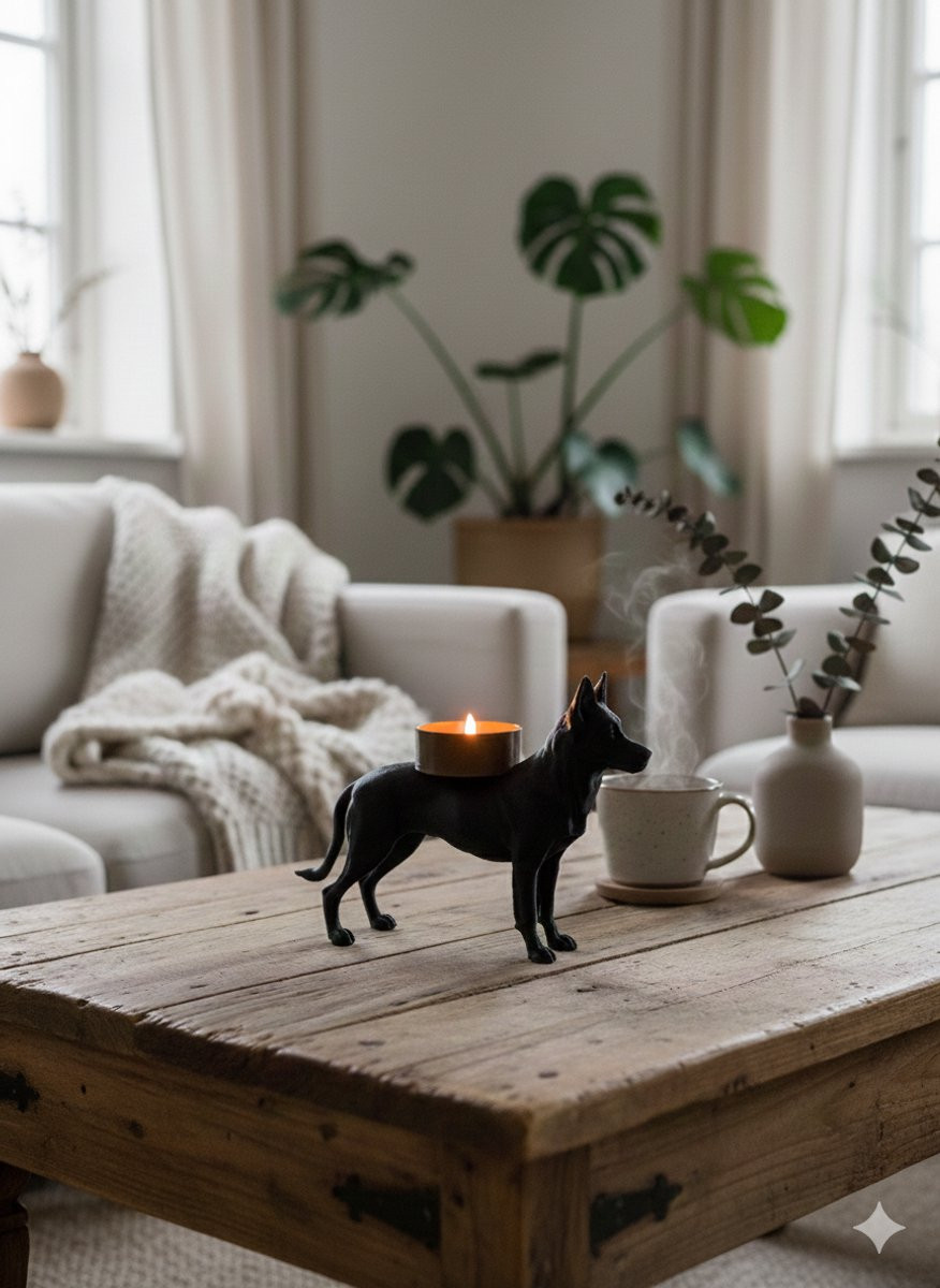 Hunoba Creative Duitse herder waxinelichthouder met LED-licht - Zwart