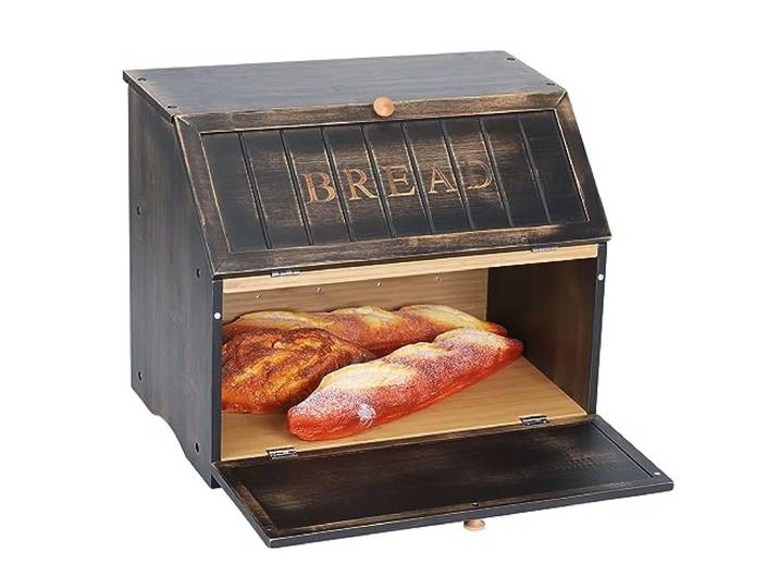 HOMEKOKO Doppelschichtige große Brotbox für Küchentheke, Retro-Design, Holz, große Kapazität, Brotaufbewahrungsbehälter (Vintage-Schwarz)