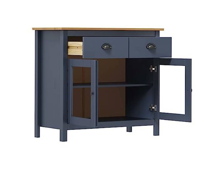KTHLBRH Sideboard Hill Grau 90 x 40 x 80 cm Massivholz Kiefer 2 Schubladen, 2 Einlegeböden, 2 Glastüren, Schiebetüren mit Sizza-Stopper, Montage erforderlich