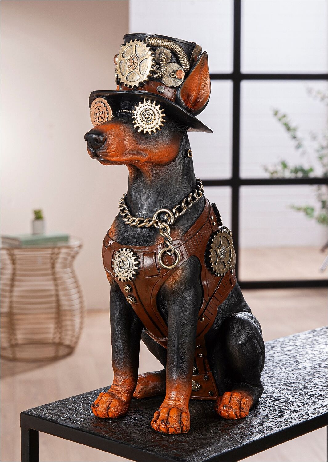 Skulptur GILDE "Figur Dobermann Steampunk Doberman", braun, schwarz, B:17cm H:40cm T:28cm, Kunstharz, Dekofiguren, Skulptur, Dobermann Hundeskulptur Steampunk-Stil Zahnräder Hut Fantasiefigur