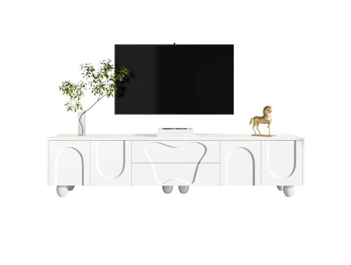 RAPRAP Tv Kommode Weiss, 180cm TV-Schrank mit Massivholzbeinen, Tv Lowboard Stehend Aus Pb, Fernsehschrank Mit Geschwungenen Türen & Schubladen, Lowboard Holzoptik für Wohnzimmer (G)
