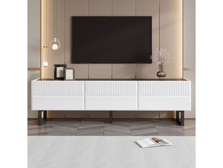 FammyLoft TV-Schrank mit DREI Schubladen, TV Lowboard für Fernseher bis zu 75 Zoll, Moderner Fernsehtisch Offenen Fächern, Sideboard, für Wohnzimmer/Esszimmer, 170 x 35x 47 cm, Schwarz-Weiß-Design