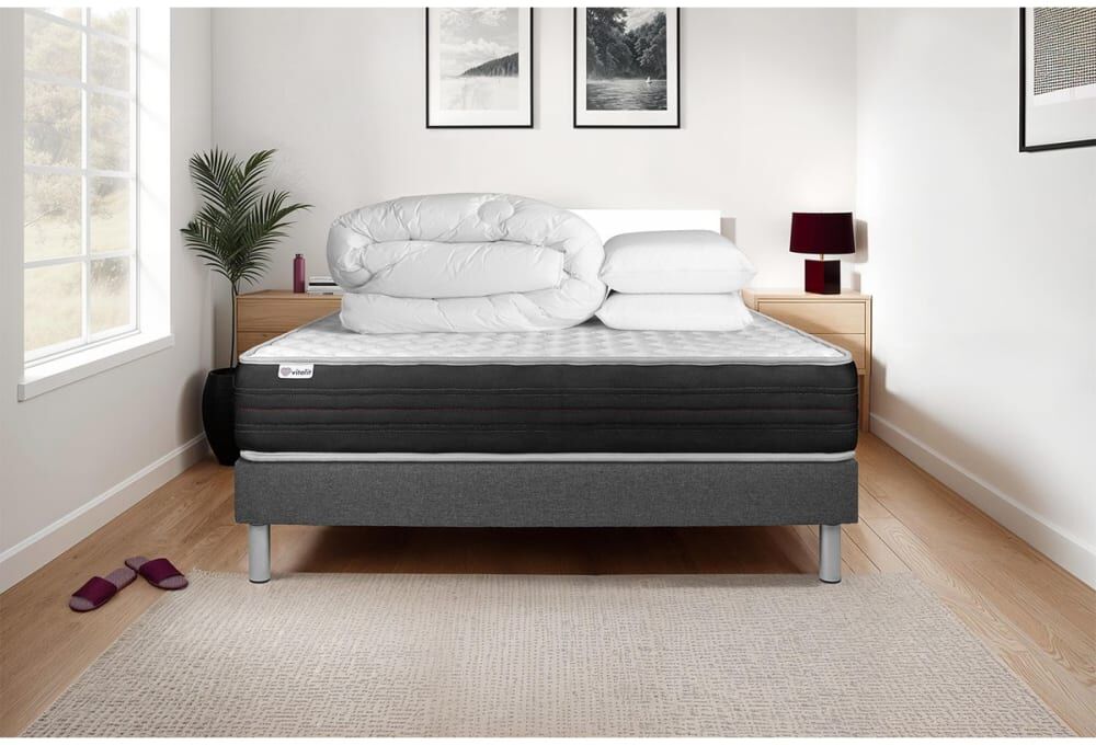 Vitalit Pack sommier kit matelas mémoire de forme 140x190 gris complet Gris 190x53x140cm