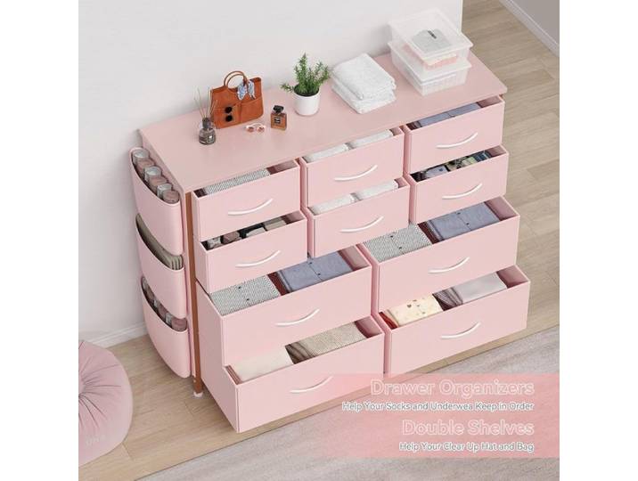 Grande Commode Chambre - AFFI - Meuble de Rangement Rose Commode en Tissu 12 Tiroirs-99x30x110cm