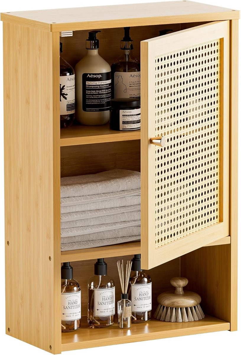 Rieten Wandkast met Verstelbare Planken voor Badkamer, Keuken en Woonkamer