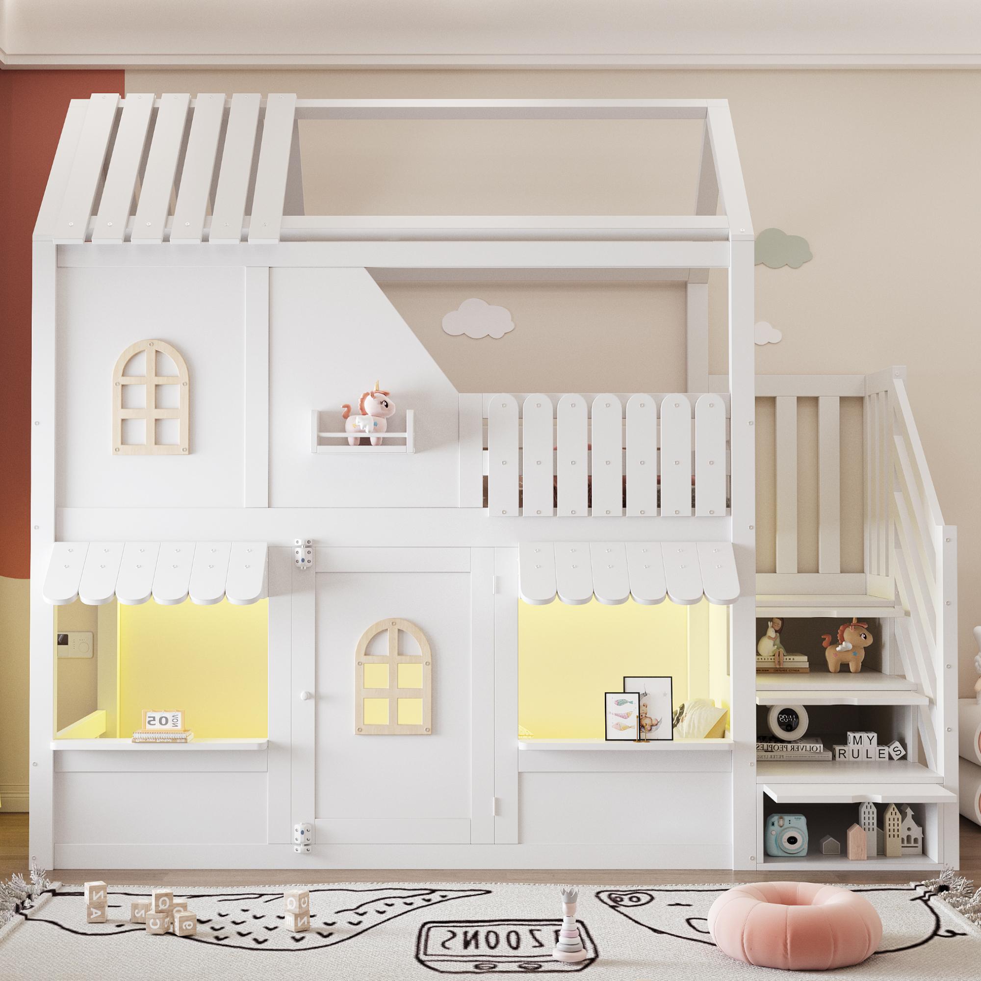 Merax Etagenbett Hochbett 90x200cm mit Stauraumleiter und Fenstern, Hausförmiges Design mit Dach, Kinderbett mit LED-Beleuchtung und Regale,Weiß