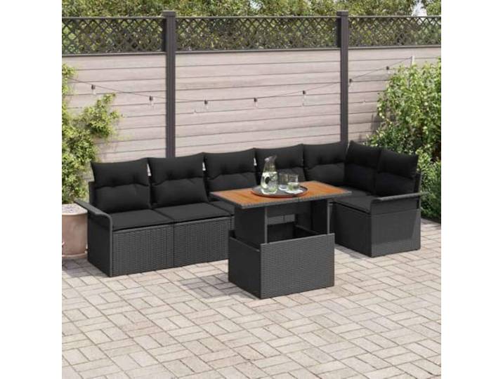 Garten-Sofa-Set 7 stk. Schwarz Poly Rattan Modular, Stauraum, Pulverbeschichteter Stahlrahmen, Wetterfest, Esszimmer-Set für Terrasse
