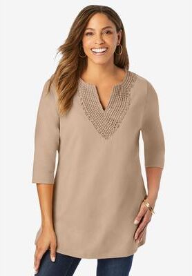 Plus Size Women's Stretch Cotton Crochet Notch Neck Tunic by Jessica London in New Khaki (Size 2X)