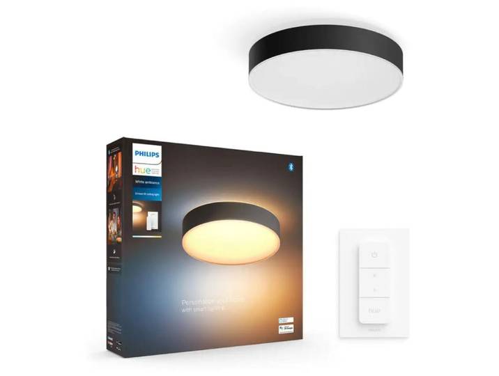 Philips Hue White ambience Enrave Deckenleuchte M schwarz + Dimmschalter, Intelligente Deckenbeleuchtung, Bluetooth/Zigbee, Schwarz, LED, Metall, Nicht austauschbare(s) Leuchtmittel