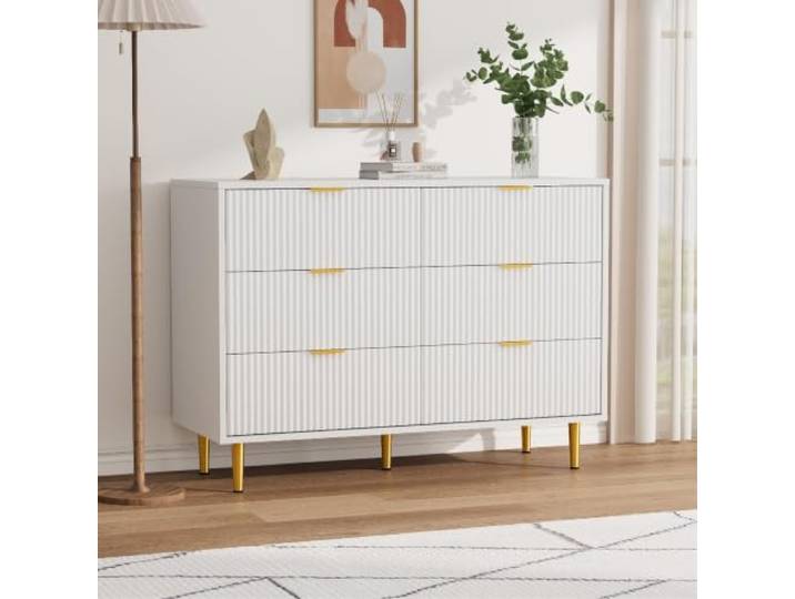 AsyPets 6-Schubladen-Kommode 100x40x75 cm, Warmweiß Wellenfront, goldene Griffe & Beine, Rollschienen & Kippschutz, für Wohnzimmer & Schlafzimmer