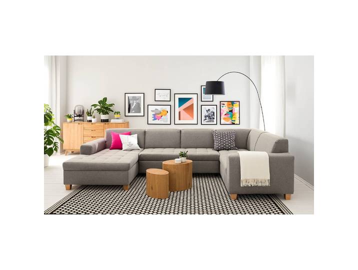 Wohnlandschaft Roblin Braun/Granit Webstoff Bona 333 x 80 x 199cm Longchair davorstehend links / Ottomane rechts Schlaffunktion Natur
