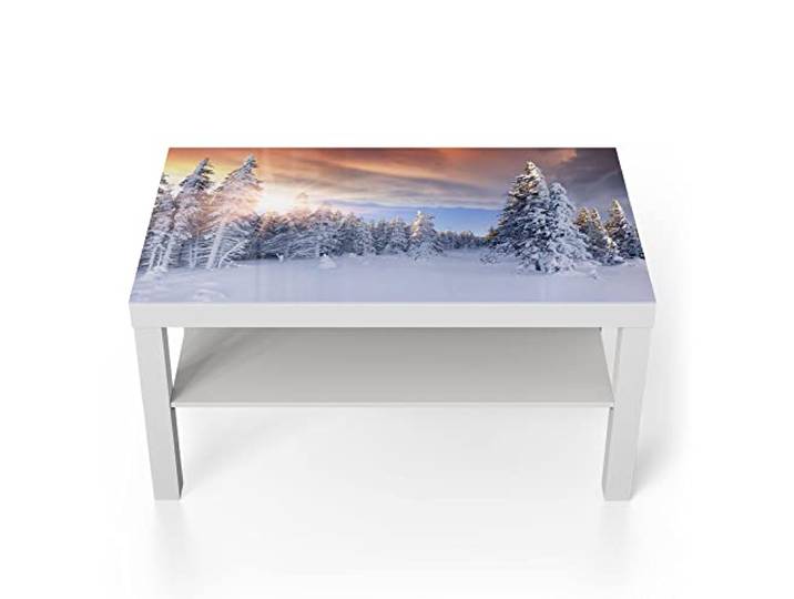 DEQORI Glastisch weiß groß 90x50 cm Motiv Sonne über weißen Tannen ausgefallener Beistelltisch aus Glas Hochglanz Couchtisch fürs Wohnzimmer moderner Couch Tisch mit Design