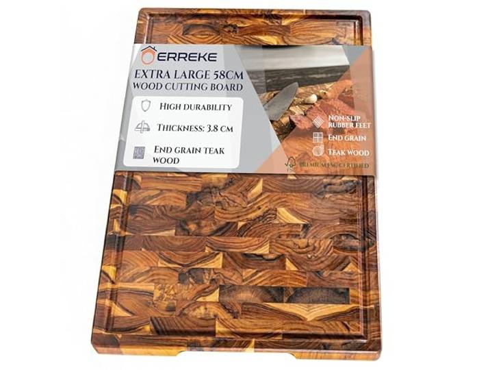 Erreke Schneidebrett aus Teakholz End Grain, 58x38x3,8 cm, Extra Groß Schneidebrett Holz. XXL mit Saftrille. Rutschfeste Füße und Griffe. Holz-Schneidebrett Küche. Für Käse Wurst Fleisch Brot
