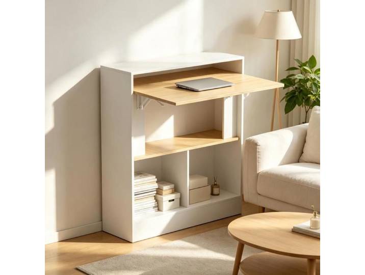 Bureau Pliable Compact avec 4 Niveaux Table Scandinave Rabattable Multifonction Meuble de Rangement pour Salon Entrée Chambre