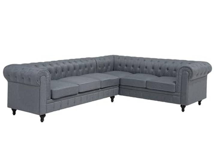 Edles Chesterfield Ecksofa rechtsseitig Polsterbezug hellgrau Chesterfield