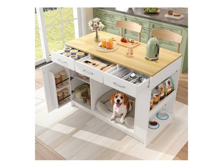 KEFEYA Kücheninsel mit 40 kg Haustier-Ruhebereich, (3 Schubladen & 3-fach verstellbarem Regal, Küchenwagen für Küche & Esszimmer, ideal für Hunde- und Katzenhalter)