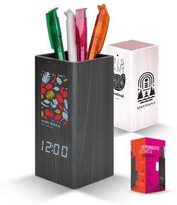 Pendulette de Bureau avec Pot à Crayons et Thermomètre - Objets Publicitaires MDF ABS PVC noir