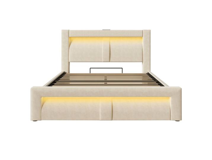Lit double en velours de polyester beige 160x200 cm