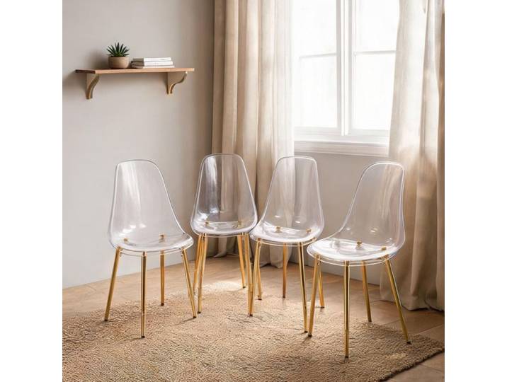 Chaise design à piétement doré assise transparente en acrylique lot de 4 pour salle à manger ou bureau