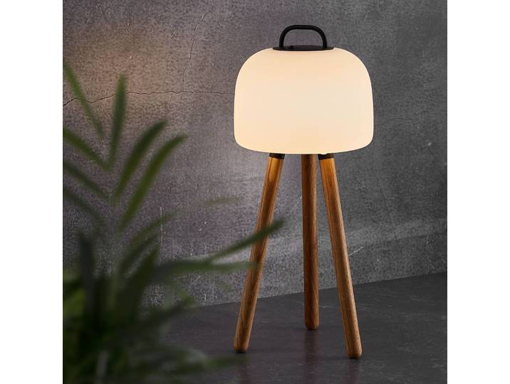 Nordlux LED-Tischleuchte Kettle Tripod Holz, Schirm 22cm Kettle, dimmbar, weiß / opal, Holz, Design