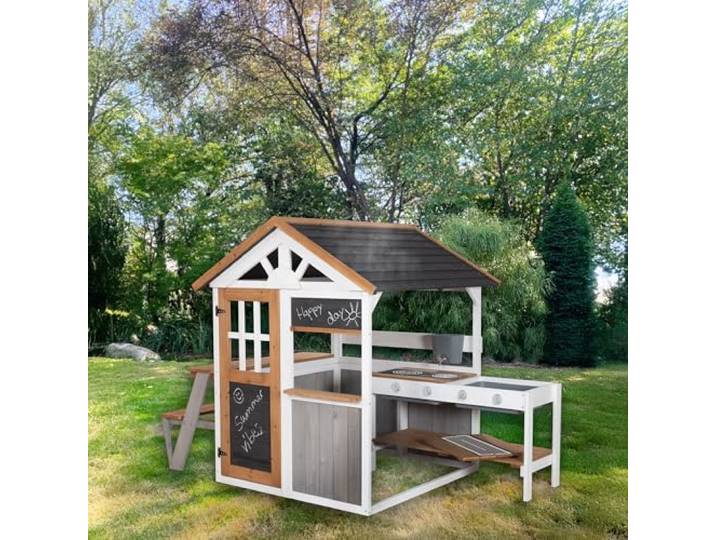 roba Garten Spielhaus aus Holz - Inkl. Spielküche mit Kochfeldern + Picknick-Tisch & Bank für Kinder - Wetterfestes Kinderspielhaus mit Verkaufsstand - Mehrfarbig