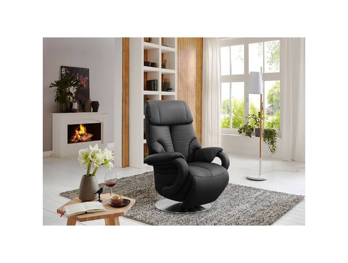 home24 Relaxfauteuil Foulbec zwart echt leer Pua relaxfunctie/met opstahulp 80 x 115 x 79cm