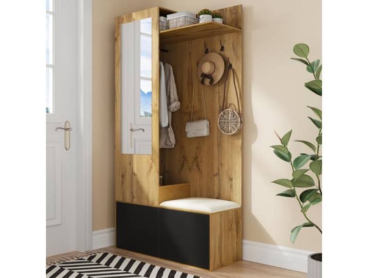 Garde-robe moderne de couloir avec miroir et armoire à chaussures-Ensemble de garde-robe - Porte-manteau mural avec 5 crochets banc