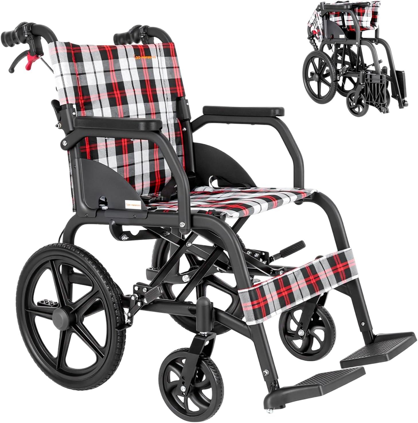 Faltbarer, leichter Rollstuhl mit doppelter Bremse (11 kg), faltbarer Transportrollstuhl für Senioren, Aluminium-Rollstühle mit Fußstütze, Rollstuhl für Menschen mit Behinderung