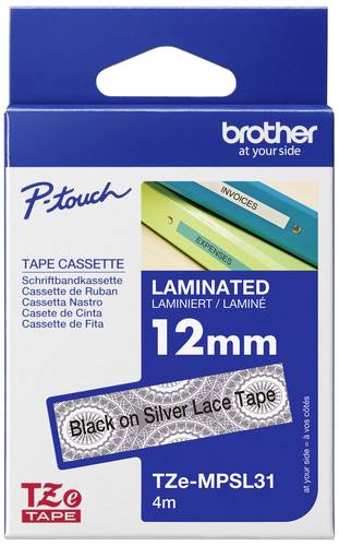 Brother TZe TZe-MPSL31 Bandfarbe: Weiß (mit silbernem Spitzenmuster) Schriftfarbe:Schwarz 12 mm 4 m