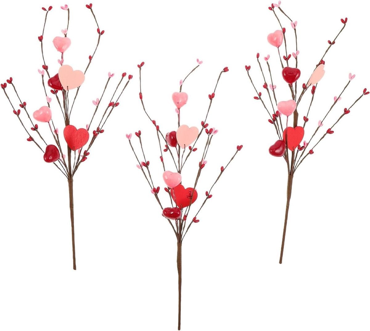 Rode kunstmatige bessenstelen met hartvormige prikkers voor Valentijnsdecoratie, 40 cm