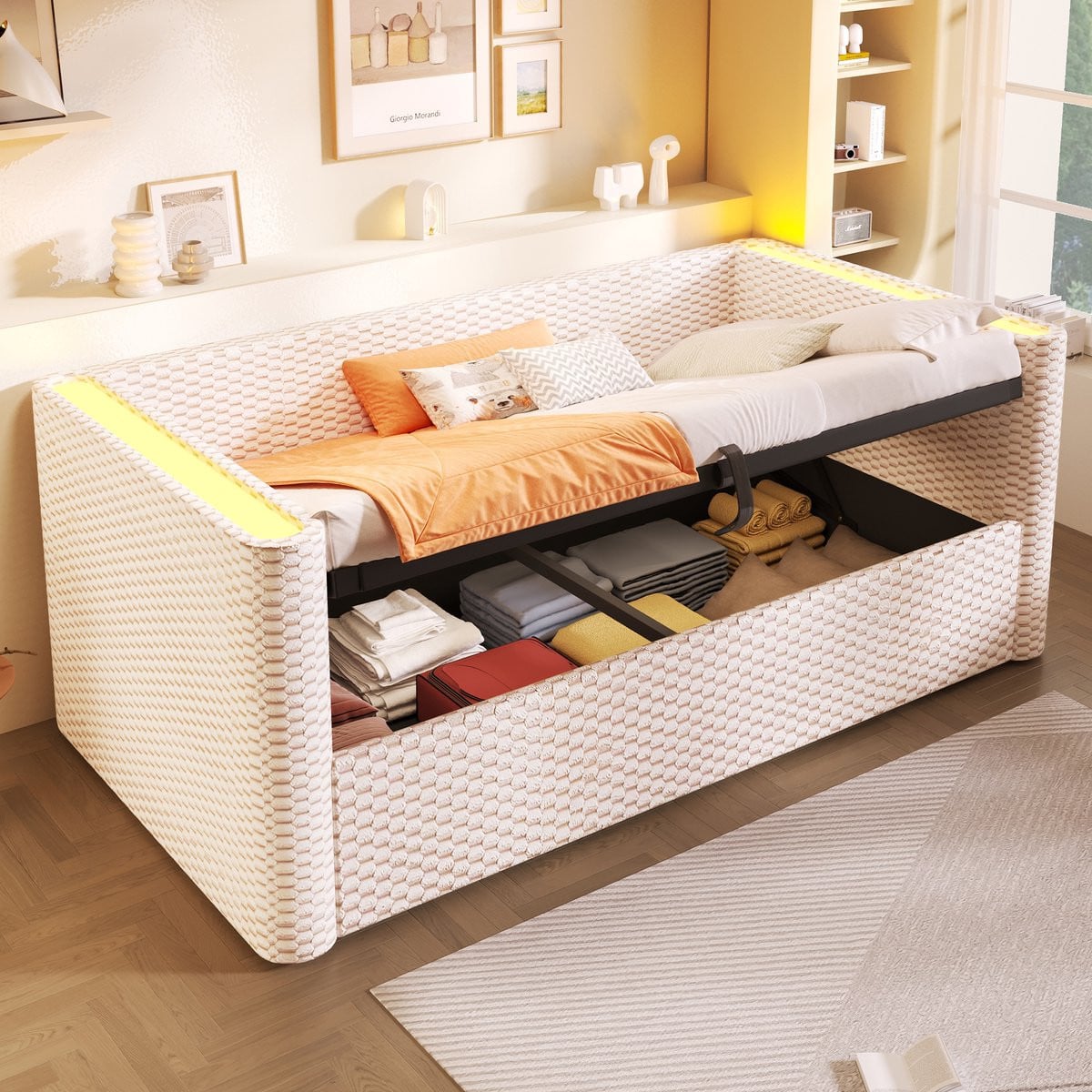 MODFU Bedframe met hydraulische opbergruimte en meerkleurige LED-verlichting, beige fluweel, 90 x 200 cm